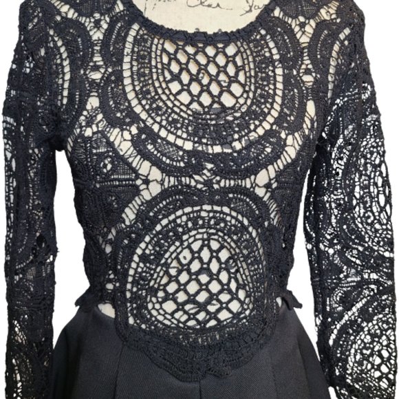 LUXXEL LADIES LONG SLEEVE CROCHET BLACK TOP WITH ATTACH SHORTS SIZE: M - Picture 4 of 12